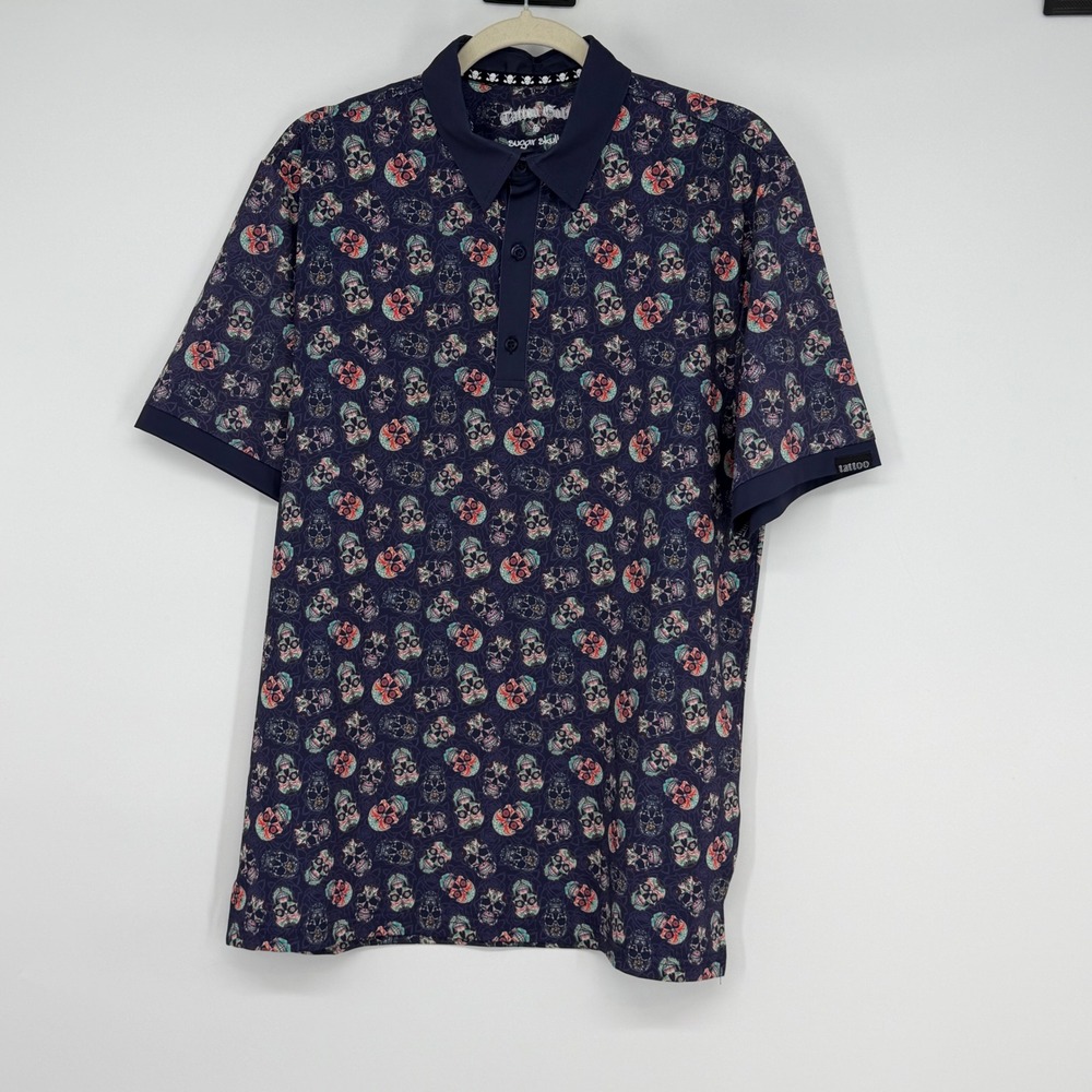 Tattoo Golf Sugar Skulls Polo Shirt Mens‎ Small Navy Blue Performance Golf Top